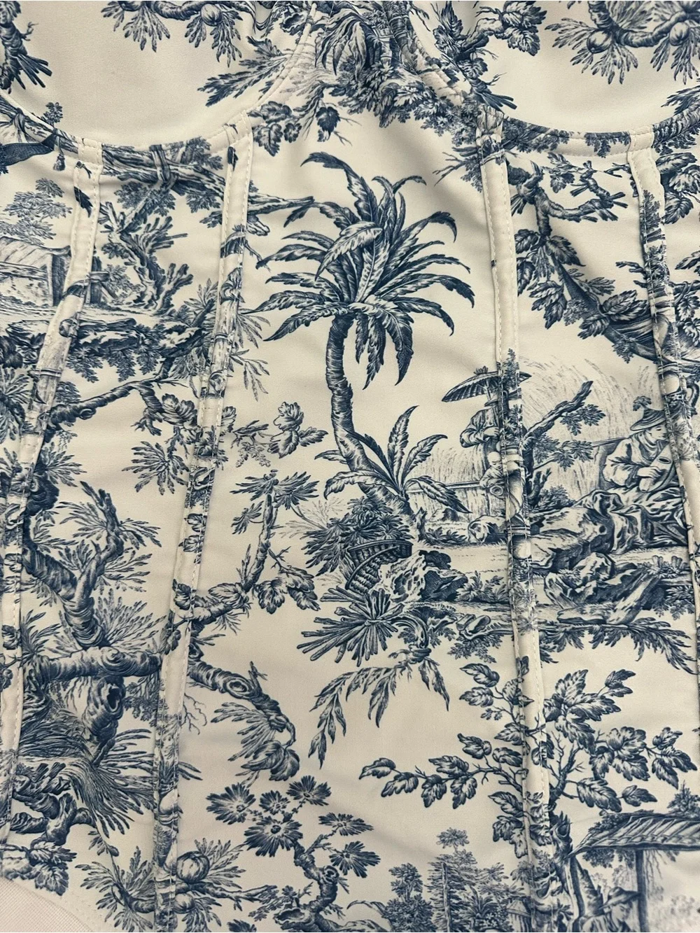 Blue & White Toile One Piece Swimsuit with Matching Sheer Sarong Cover-Up Set
